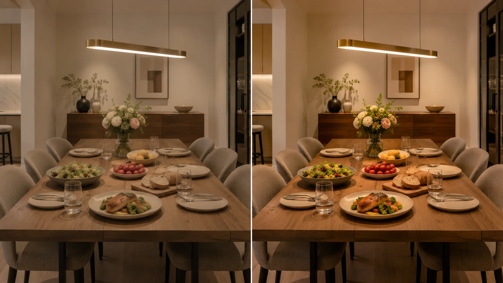 Dining table comparison showing muted colour rendering versus richer high-CRI lighting on food, materials and tableware
