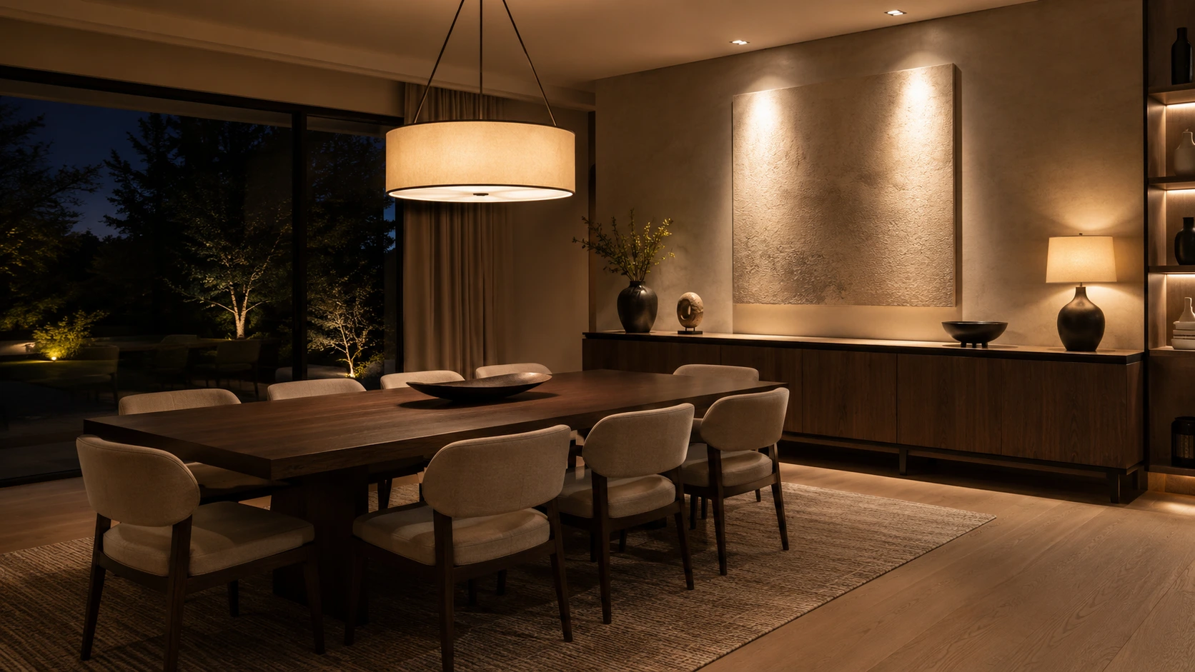 Dining room with layered table lighting and vertical accent lighting on artwork and a sideboard wall