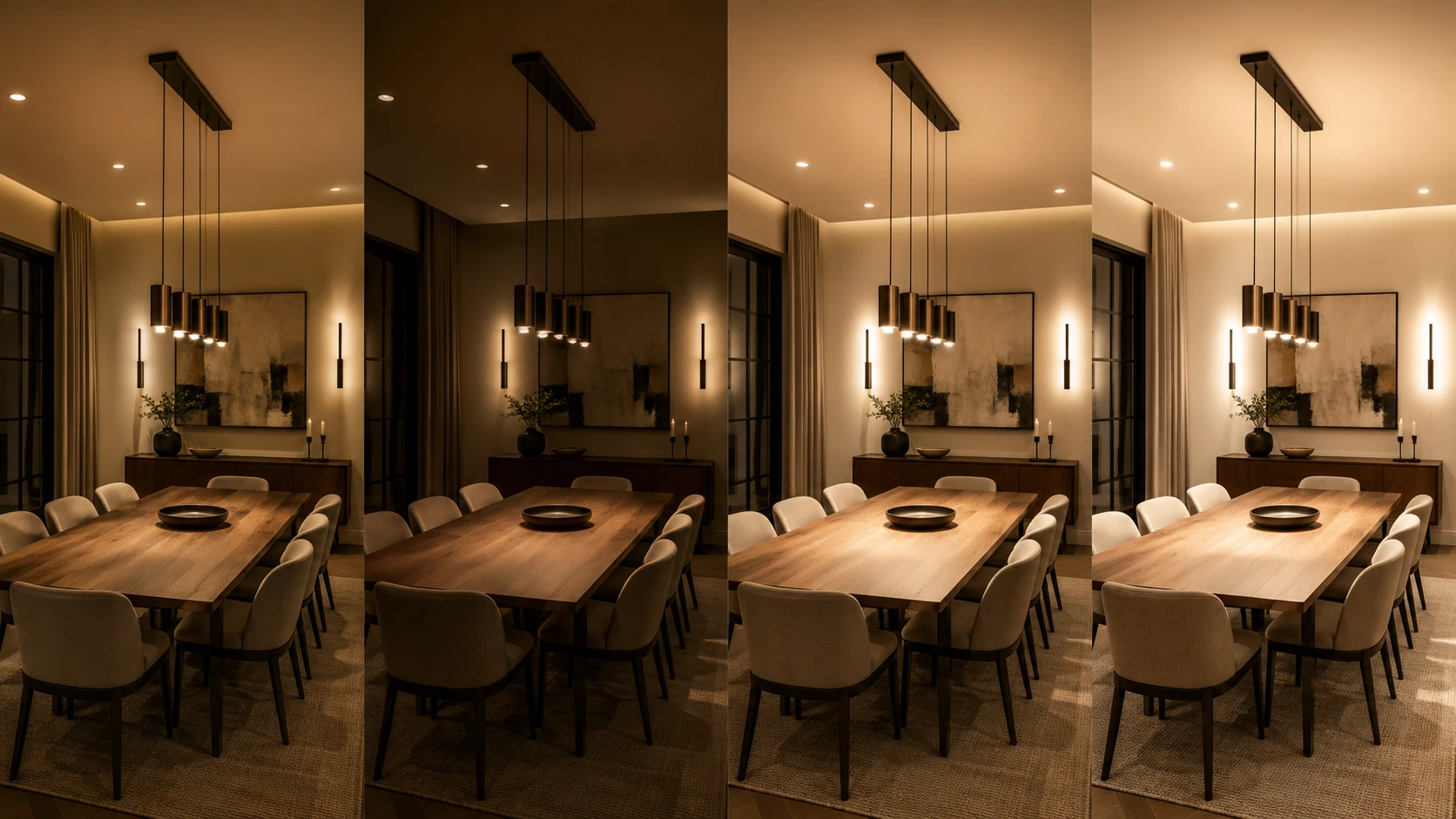 Dining room shown in everyday, entertaining, table-work and cleaning lighting scenes