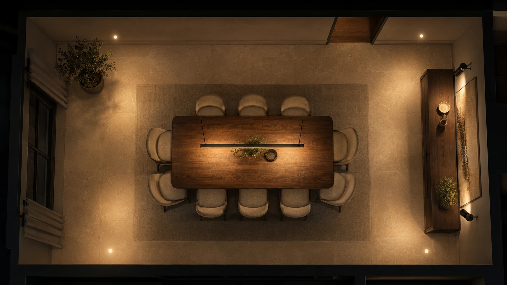 Top-down 5 by 4 metre dining room lighting plan with centred pendant, ambient fixtures and sideboard accent lighting