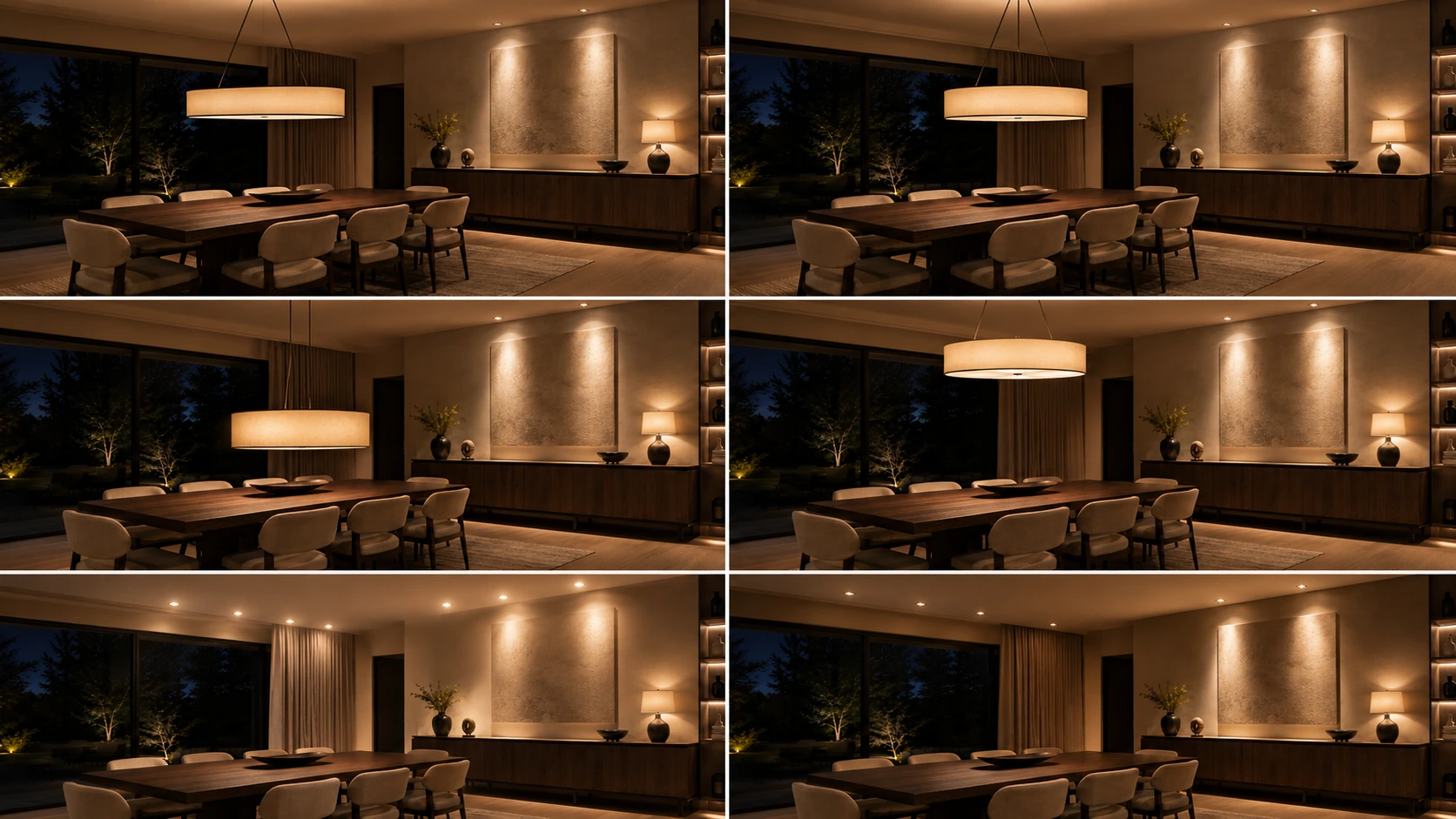 Dining room lighting comparisons showing fixture misalignment, incorrect pendant height and poor spotlight placement