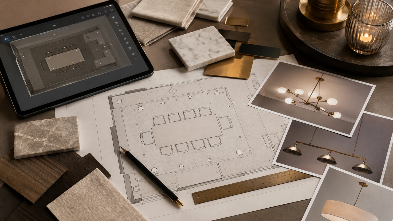 Dining room lighting plan with floor drawings, fixture references, material samples and lighting-layout tools