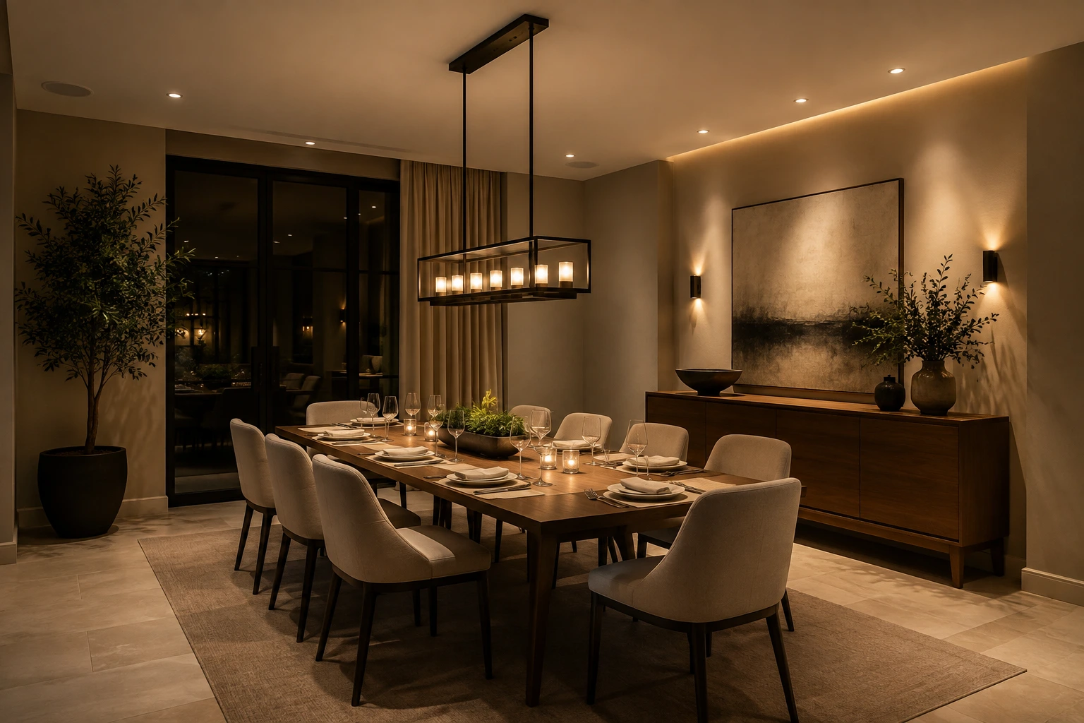 Completed dining room lighting scheme with centred pendant, ambient ceiling lighting and controlled wall accents