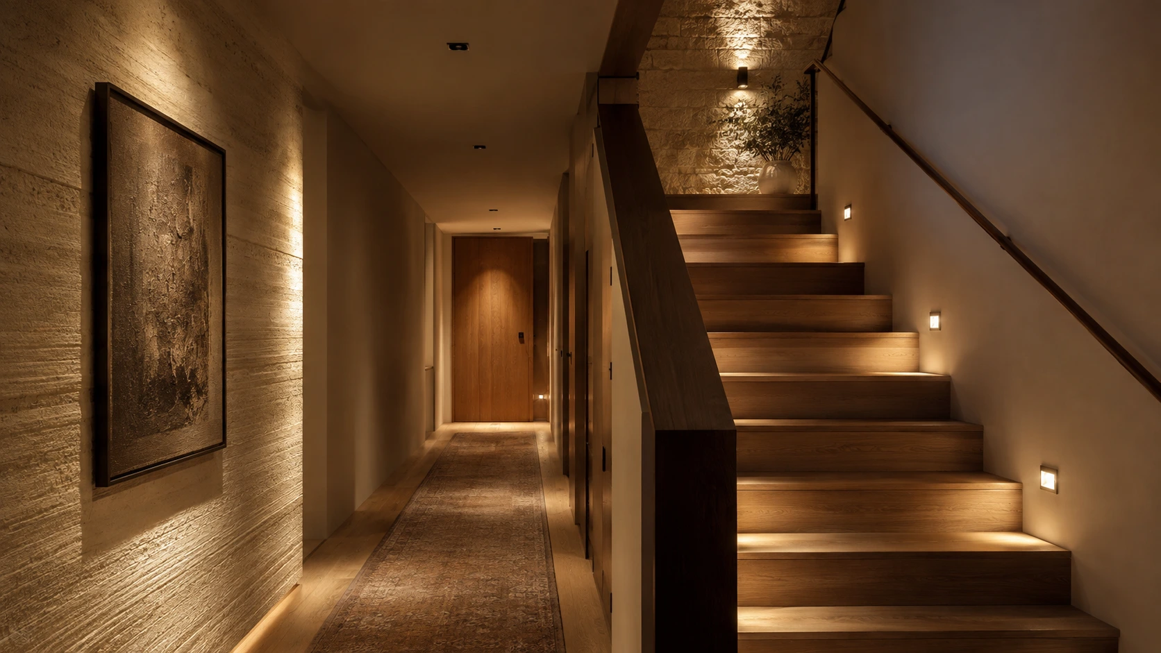 Residential corridor and staircase showing route lighting, readable steps, vertical wall illumination and low-level guidance