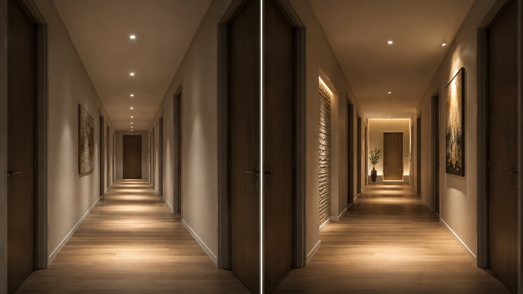 Corridor lighting comparison showing a repetitive downlight runway versus purposeful wall and destination lighting