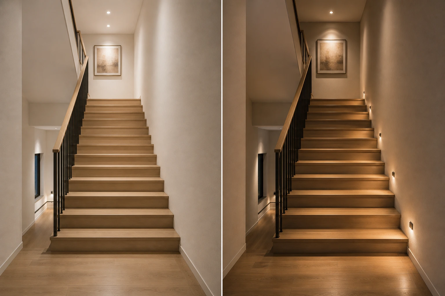 Staircase lighting comparison showing flat overhead illumination versus clearly defined treads, risers and landing