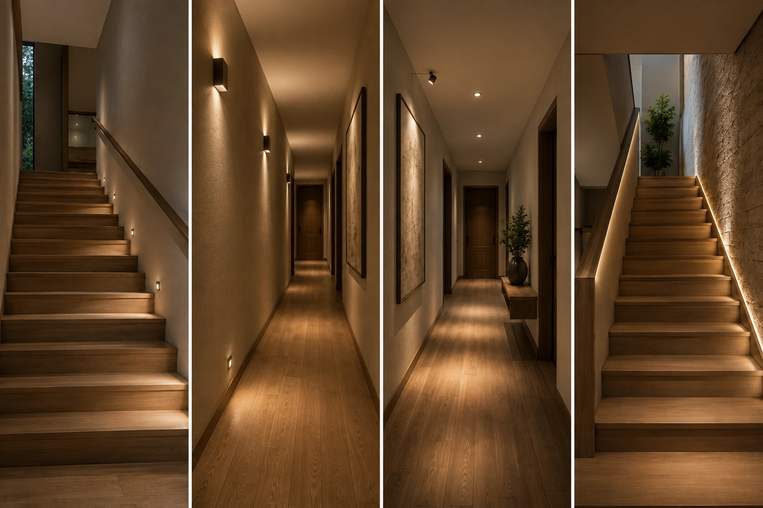 Comparison of step lights, wall lights, ceiling spotlights and concealed linear lighting for corridors and stairs