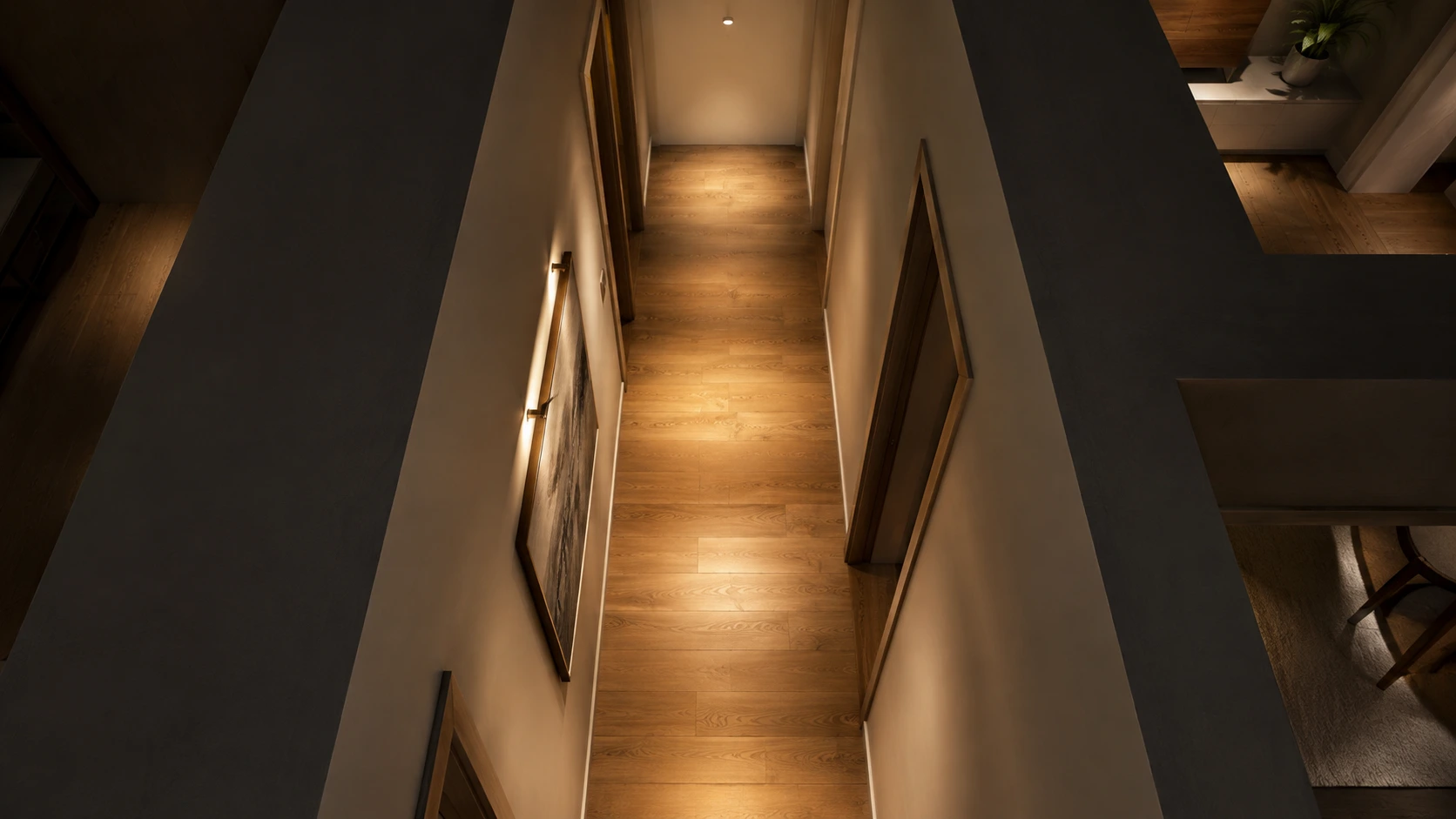 Top-down residential corridor lighting plan showing distributed general, wall and destination lighting