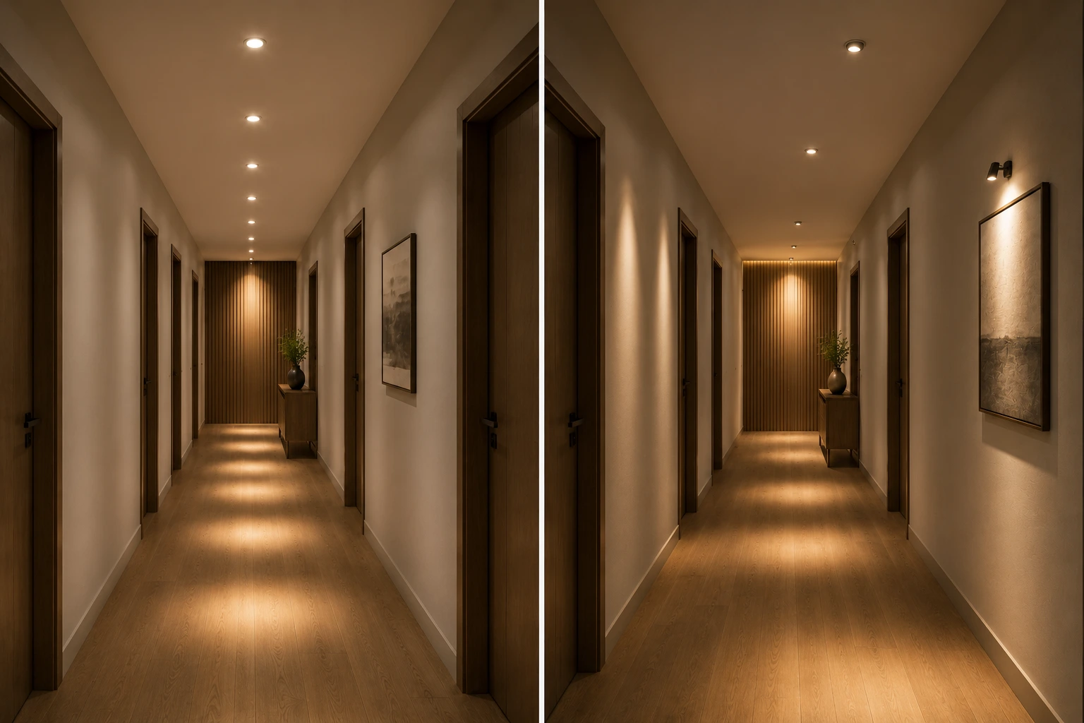 Narrow corridor spotlight comparison showing a rigid centreline layout versus purposeful lighting of the route, artwork and end wall