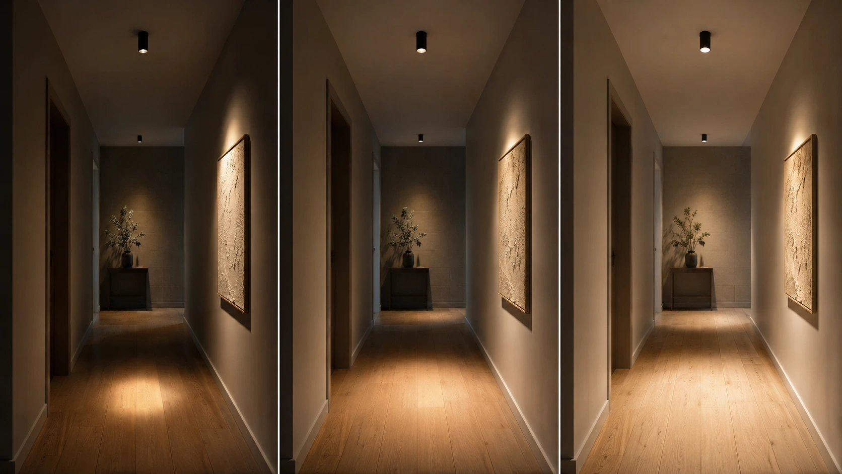 Corridor lighting comparison showing narrow, medium and wide beam spreads for accent and circulation lighting