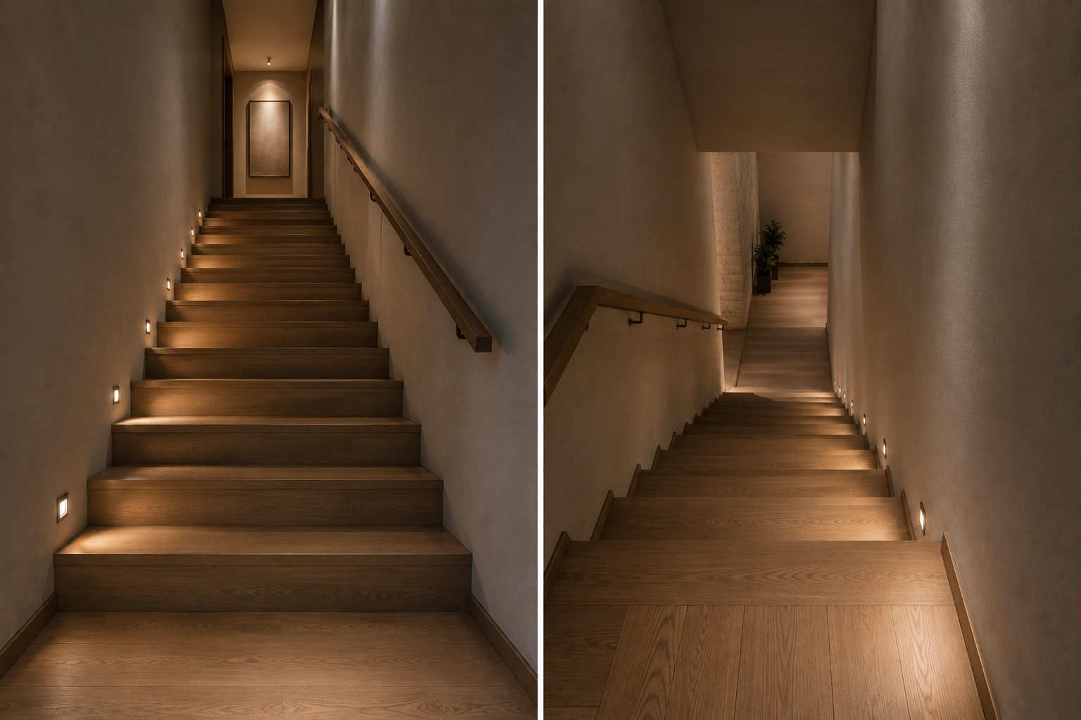Same residential staircase viewed from below and above to demonstrate comfortable glare-controlled step lighting