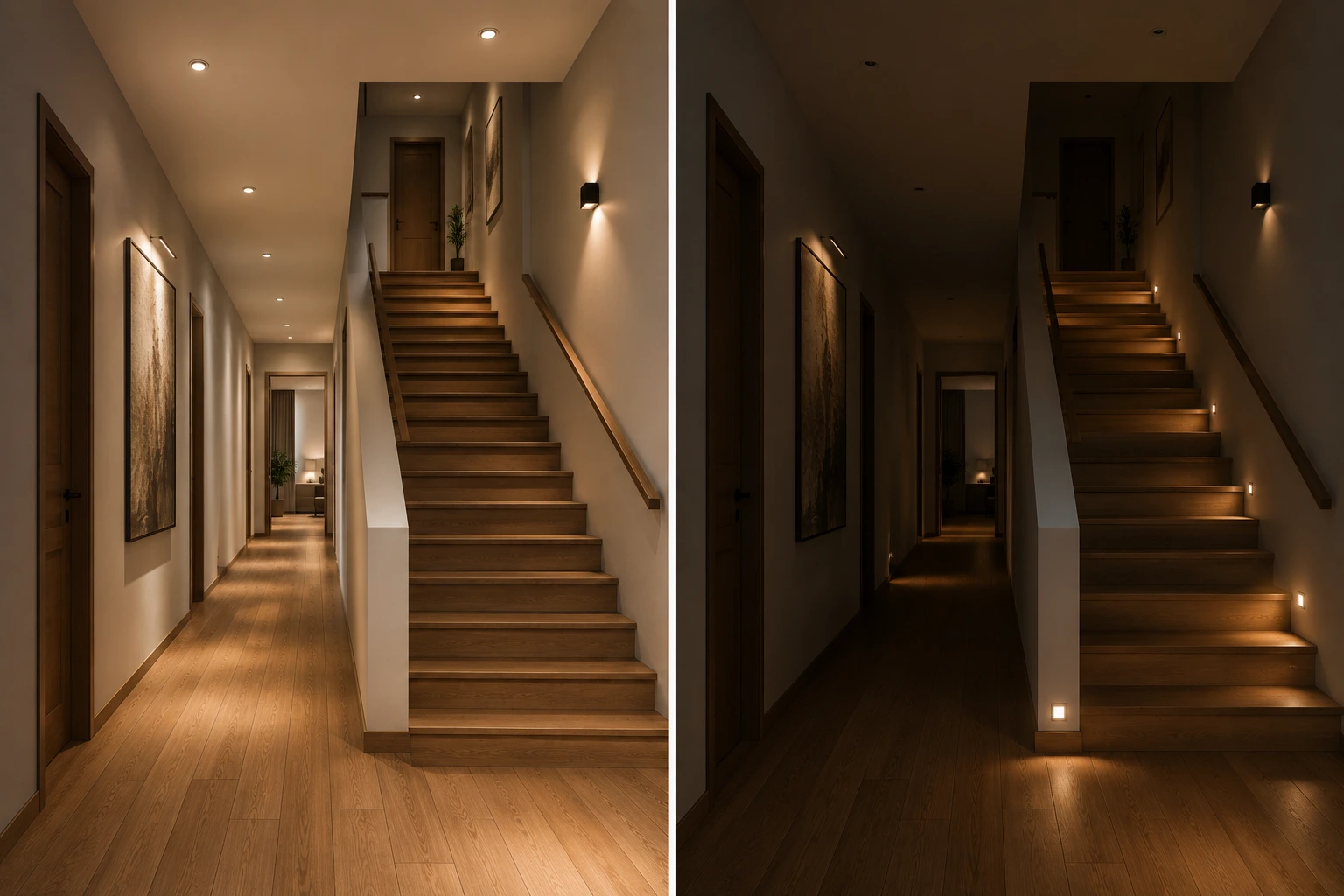 Corridor and staircase comparison showing full evening lighting versus low-level nighttime guidance lighting