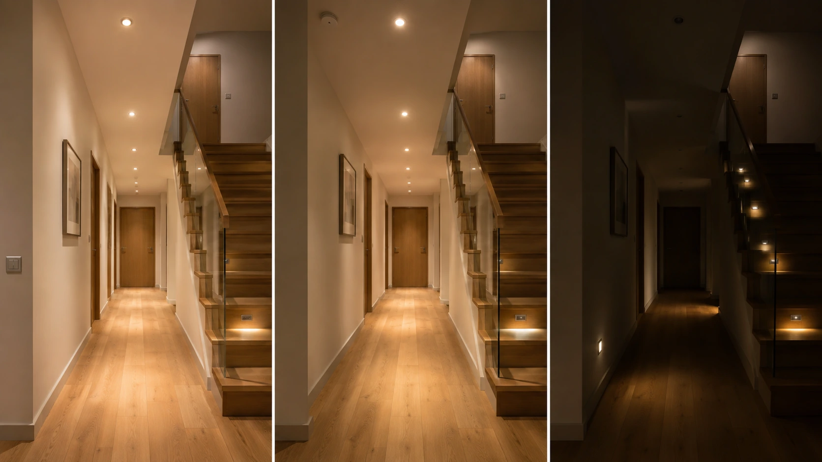 Residential corridor and staircase showing two-way switching, motion-sensor lighting and reduced night mode