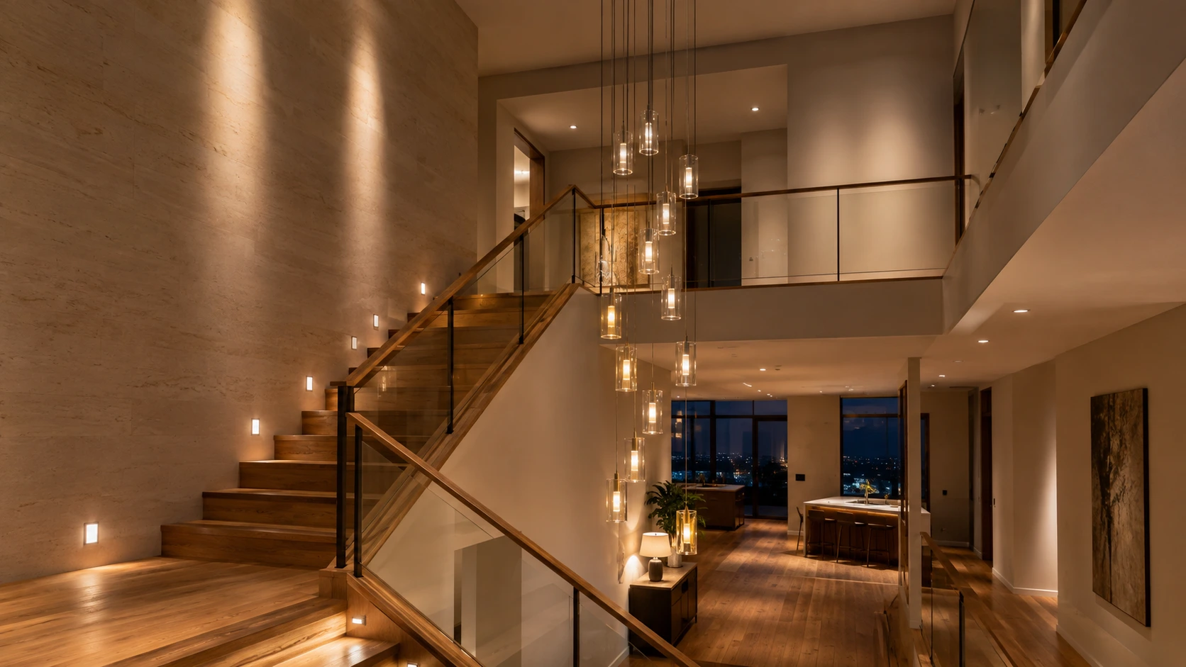 Double-height residential staircase combining a suspended decorative light with separate functional step and landing lighting