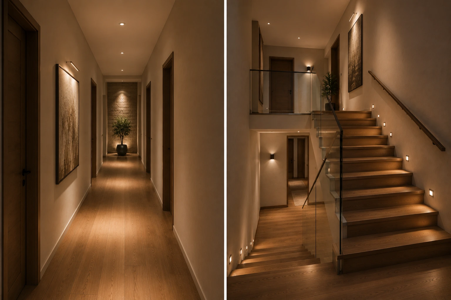 Completed corridor and staircase lighting examples showing wall accents, route lighting, readable steps and landing illumination