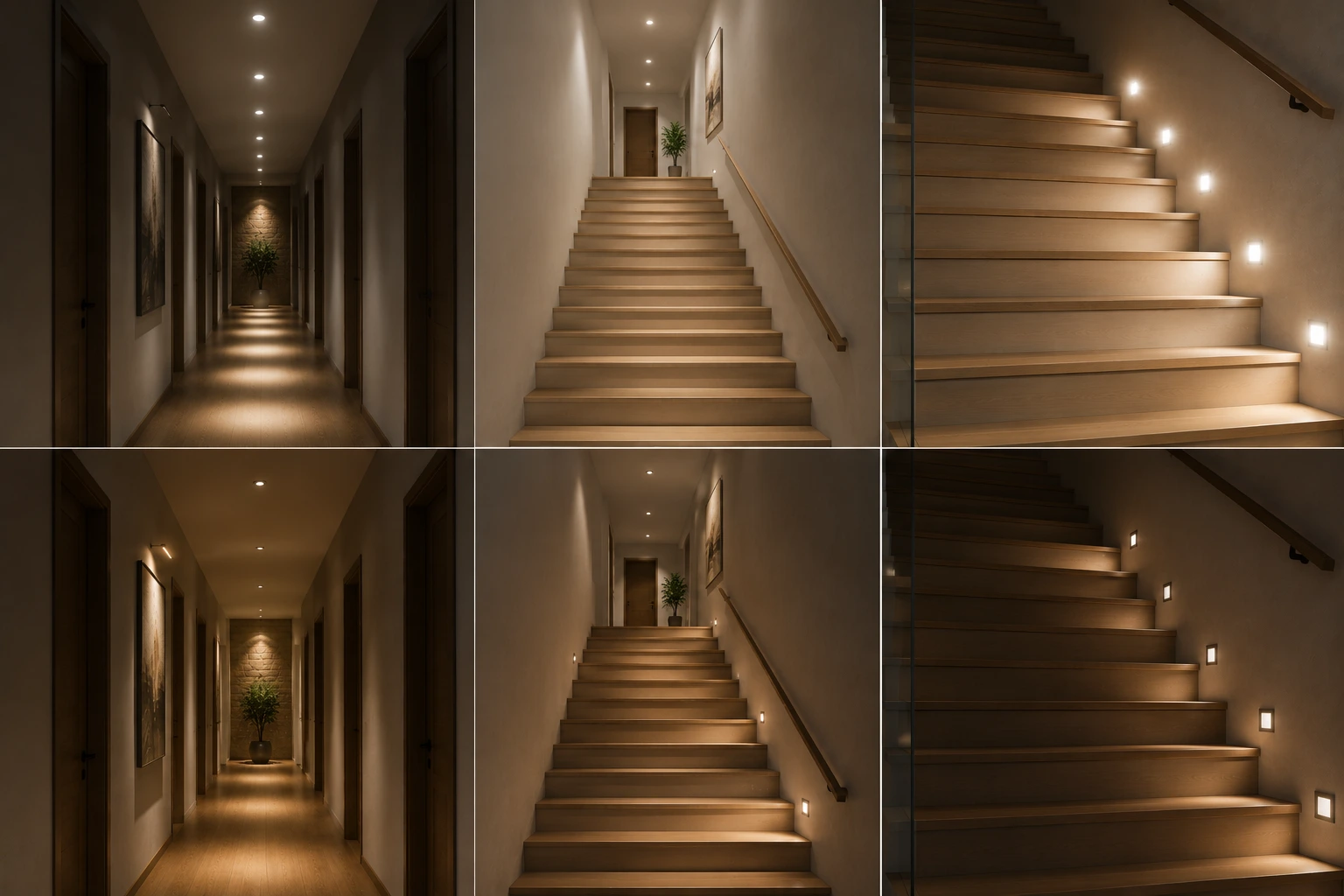 Comparison of common corridor and staircase lighting mistakes including runway downlights, flat stair lighting and glare