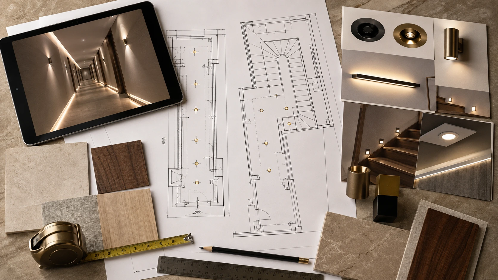 Corridor and staircase lighting plans with fixture references, architectural drawings and lighting design materials