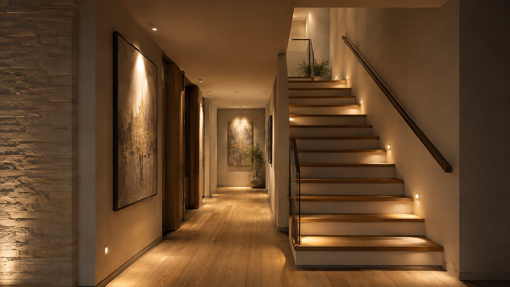 Completed residential corridor and staircase lighting scheme with wall illumination, readable steps and low-level guidance