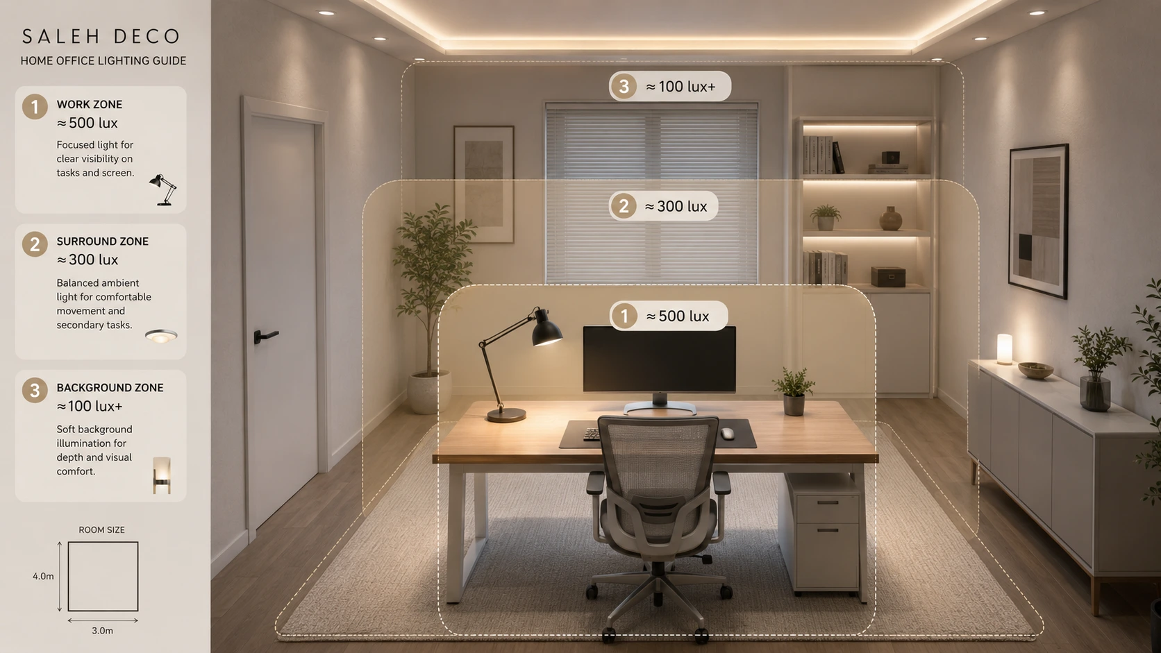 Modern 3m × 4m home office lighting infographic showing a 500 lux desk work zone, 300 lux surrounding area, and 100 lux+ background lighting with ceiling lights, a desk lamp, and soft shelf illumination.
