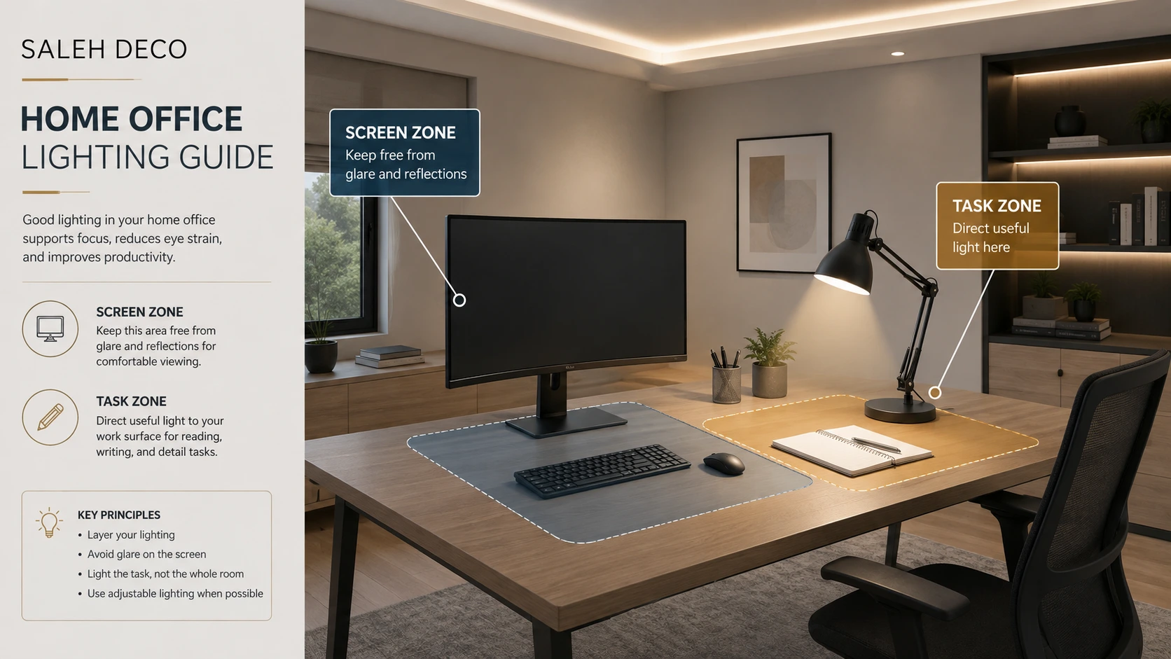 Home office lighting infographic showing a glare-free screen zone and a separate task zone, with an adjustable desk lamp directing light onto the work surface instead of the monitor.