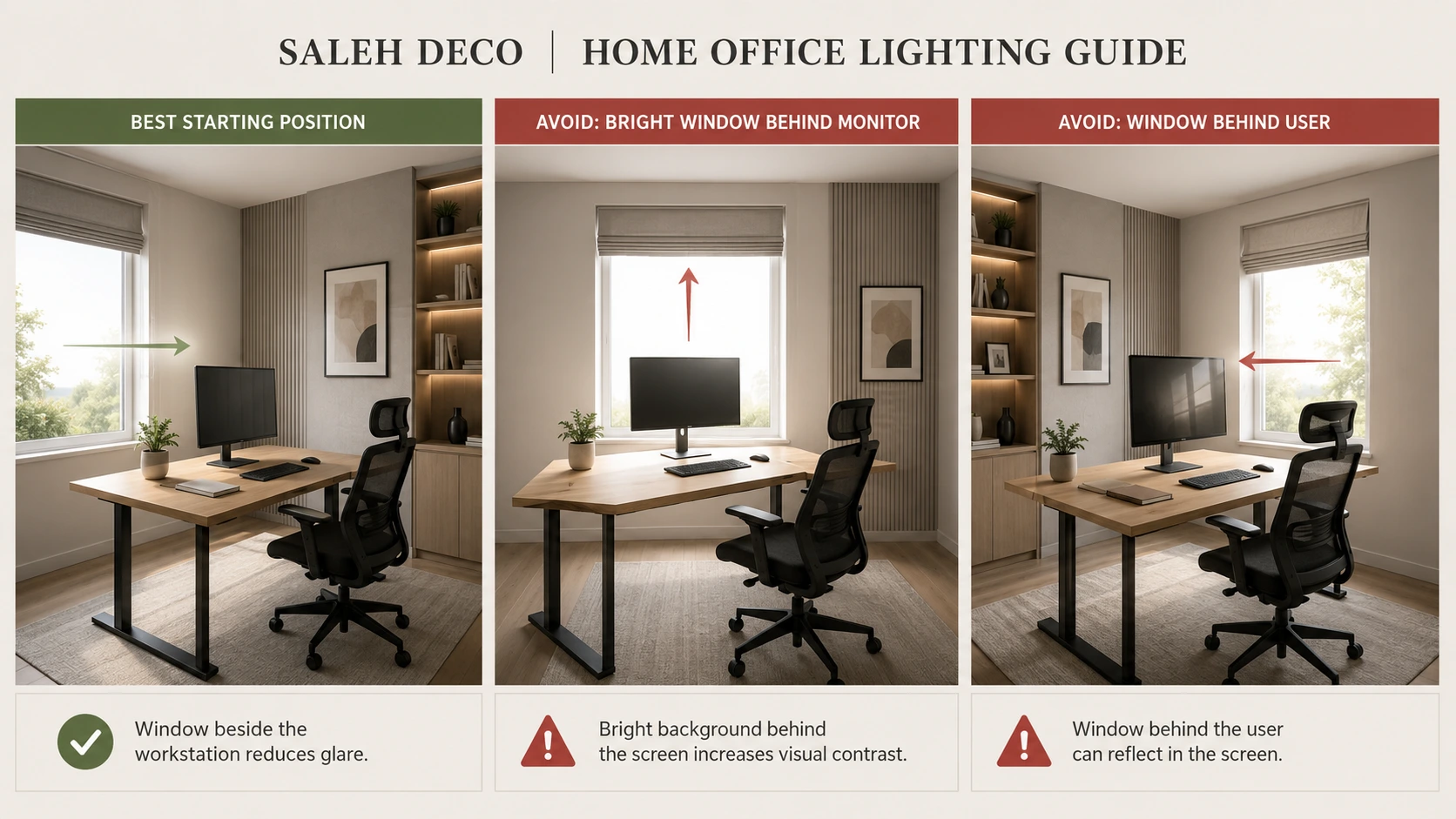 Home office desk-position infographic comparing the best monitor orientation beside a window with two glare-prone layouts: a bright window behind the monitor and a window behind the user.
