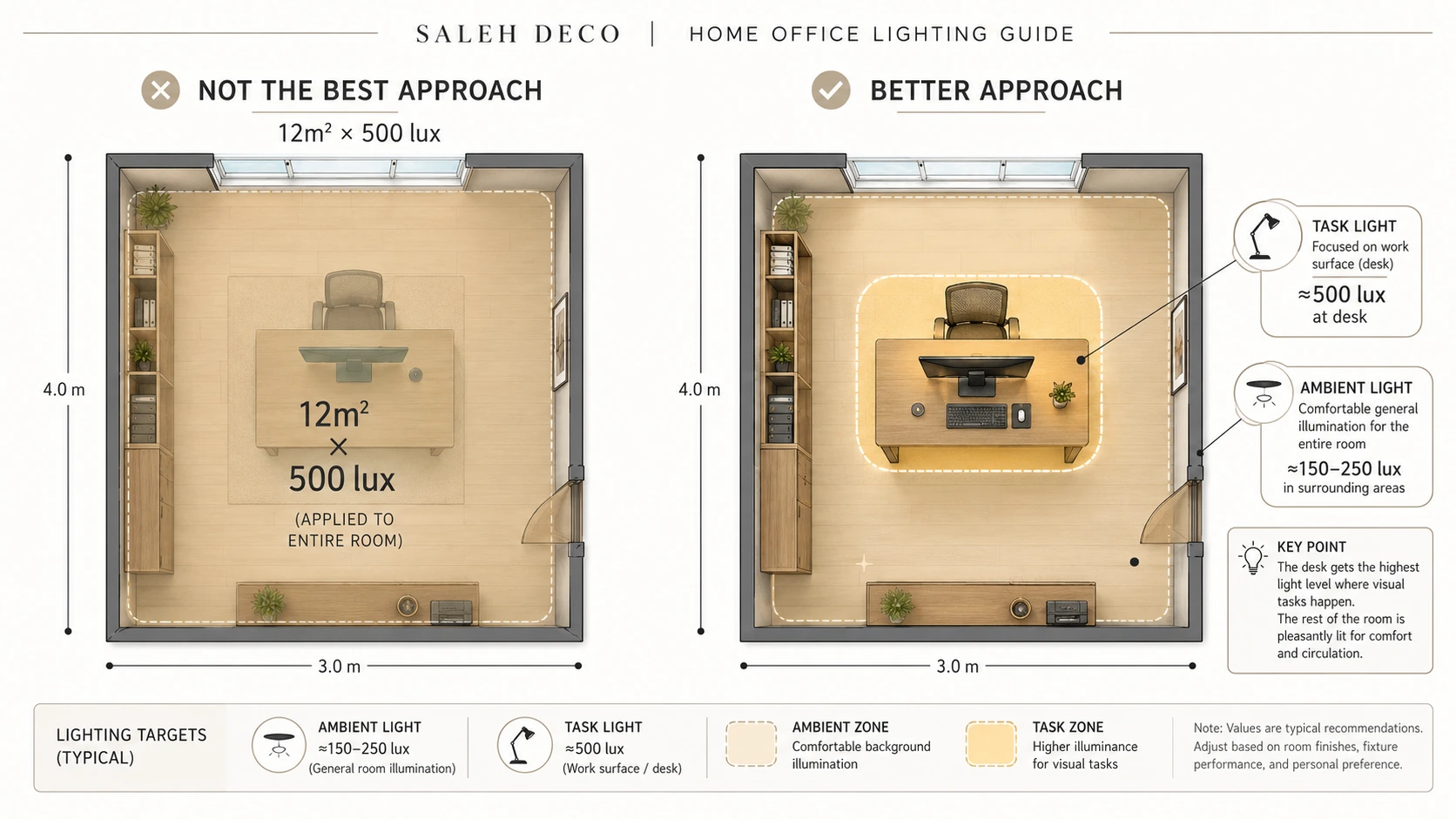 Home office lighting infographic comparing uniform 500 lux across a 3 × 4m room with a better layered approach using ambient light for the room and brighter task lighting at the desk.