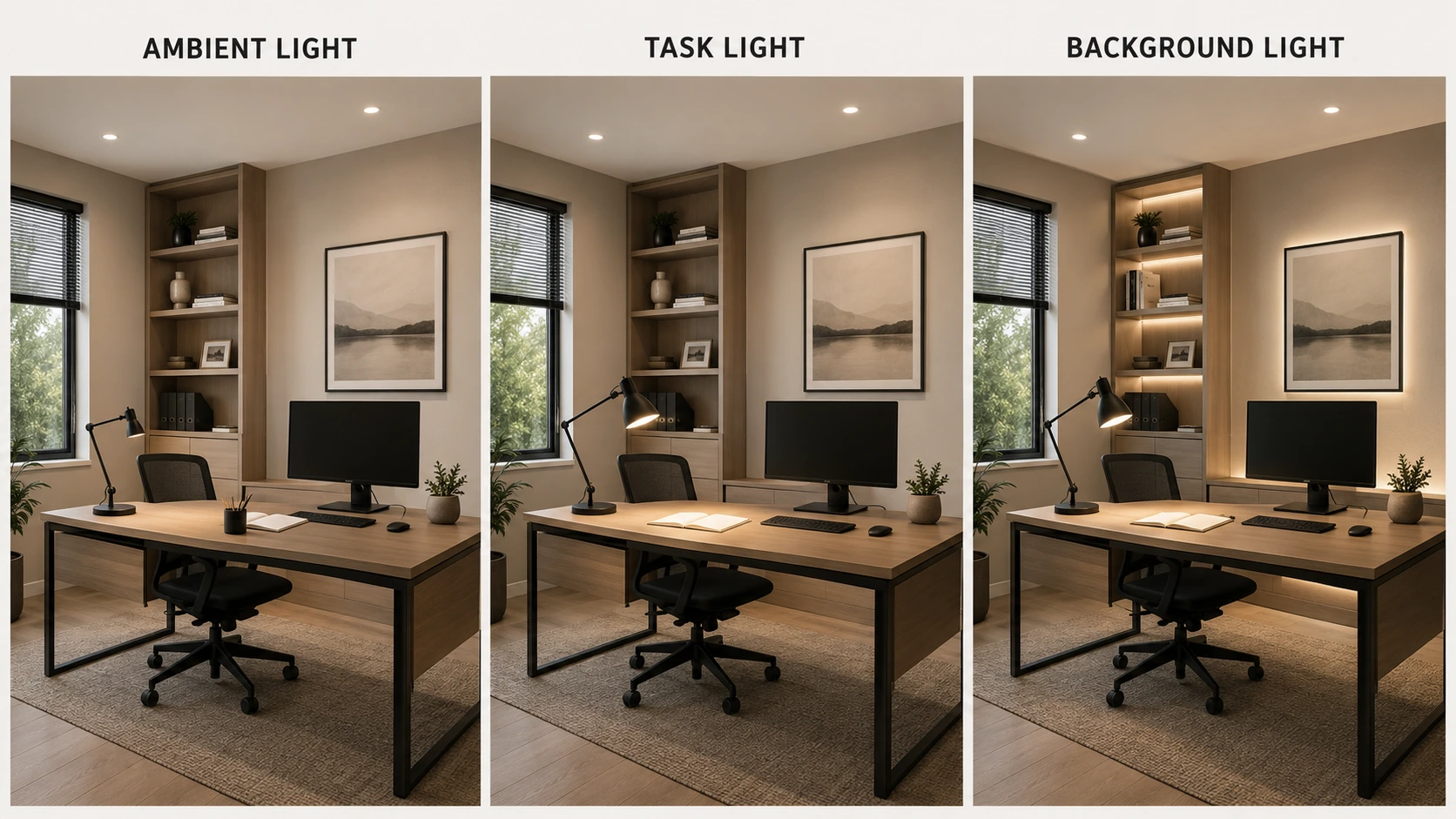 Three-panel home office lighting comparison showing ambient ceiling light, focused desk task lighting, and soft background shelf lighting around a computer workstation.