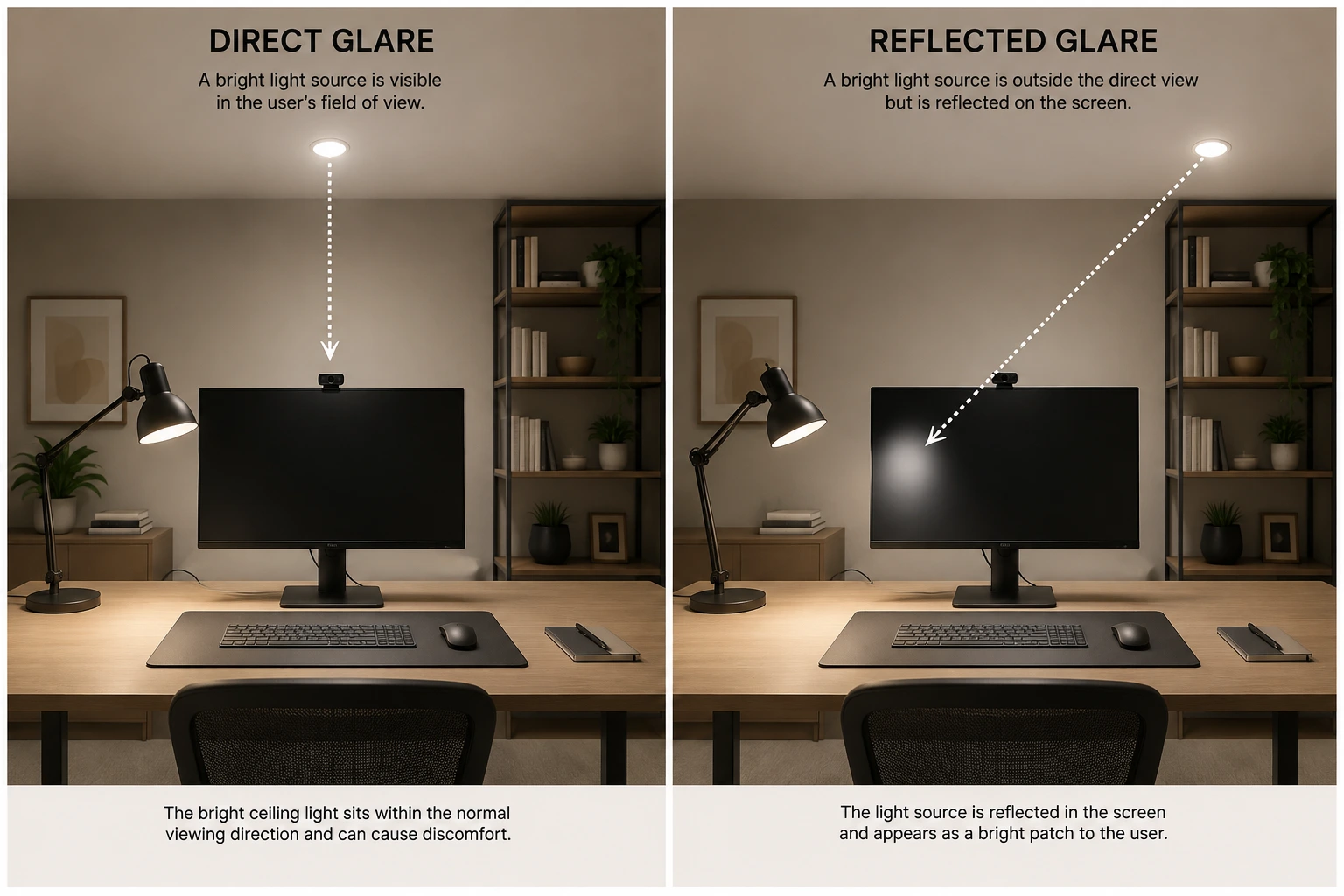 Split-screen home office infographic showing direct glare from a ceiling light in the user’s field of view and reflected glare appearing as a bright patch on the computer monitor.
