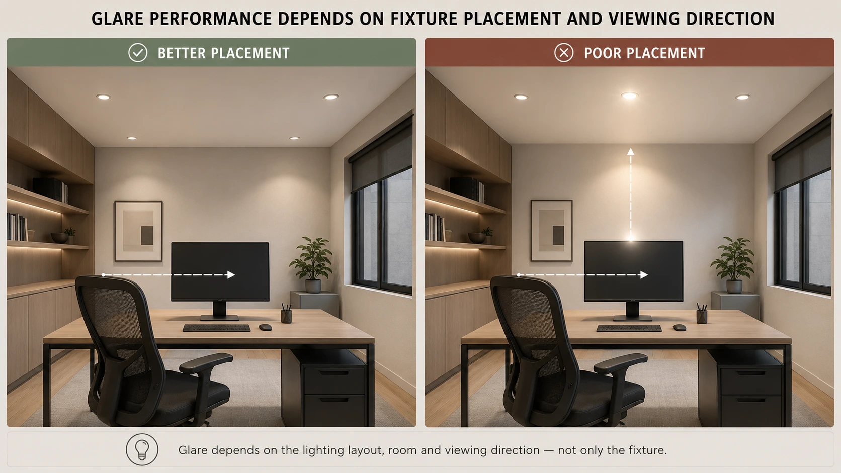 Home office glare-control infographic comparing better ceiling-light placement outside the user’s viewing direction with poor placement directly above the monitor, showing why glare depends on the room layout and viewing angle.