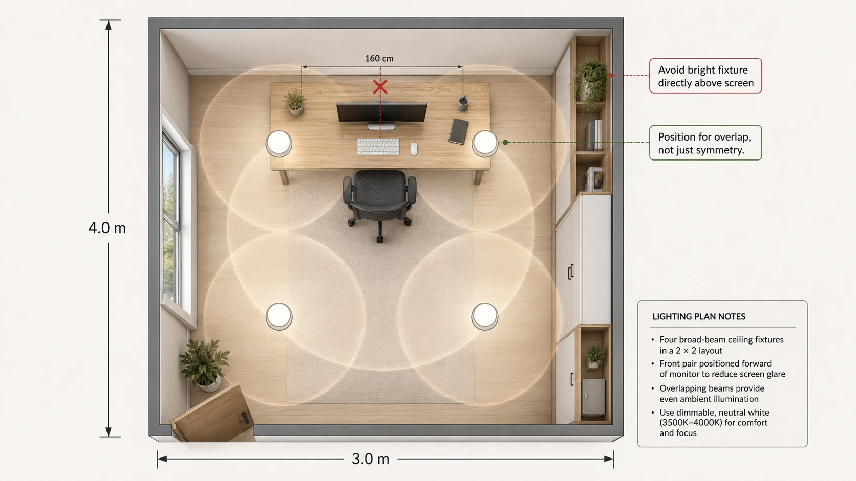 Top-down 3 × 4m home office lighting plan showing four broad-beam ceiling fixtures in a 2 × 2 layout, with overlapping coverage and the front pair positioned away from the monitor to reduce screen glare.