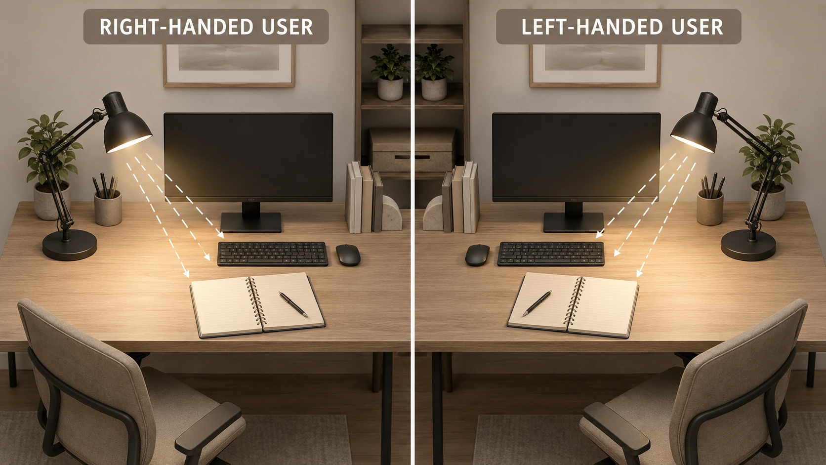 Home office task-lighting infographic showing desk lamp placement for right-handed and left-handed users, with light directed across the writing surface and away from the monitor.