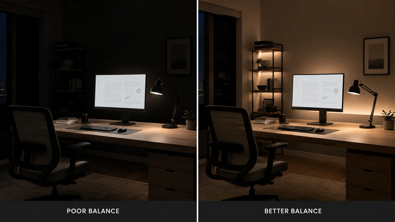 Home office lighting comparison showing poor screen contrast in a dark room versus better visual balance with soft background and shelf lighting around the monitor.