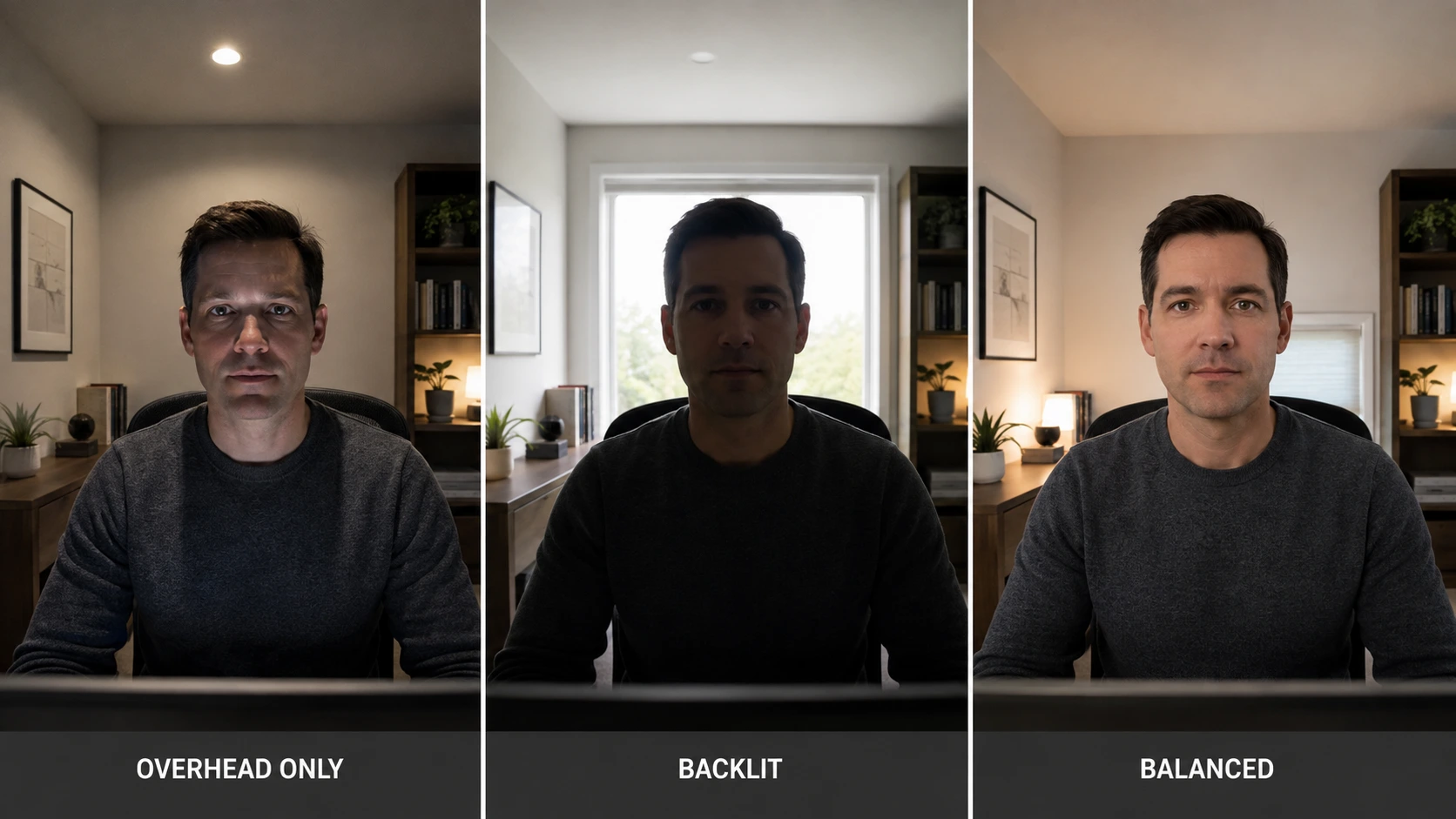 Three-panel video-call lighting comparison showing overhead-only lighting with facial shadows, backlit window placement with a dark face, and a balanced setup with soft frontal light and a controlled background.
