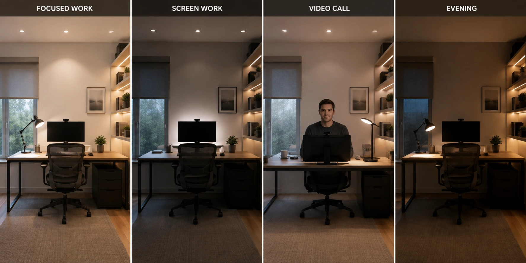 Four-panel home office lighting comparison showing focused work, screen work, video-call, and evening scenes using different combinations of ambient, task, face, and background lighting.