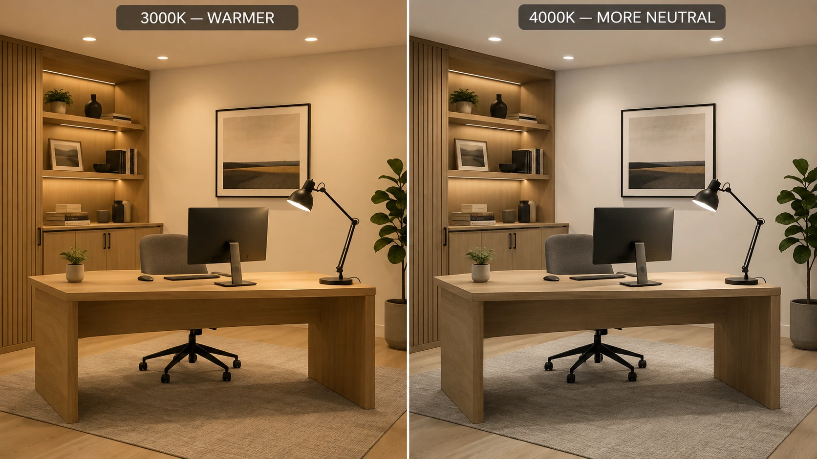 Home office lighting comparison showing the same workspace illuminated at 3000K warm white and 4000K neutral white with equal brightness.