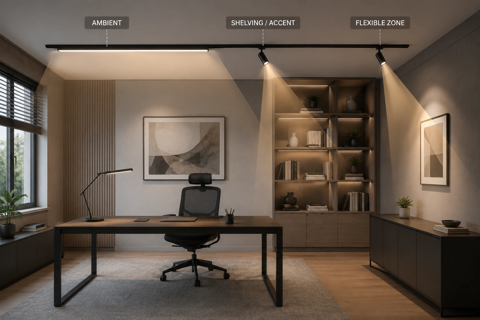 Modern home office with a ceiling-mounted magnetic track using a linear ambient light, a directional spotlight for shelving, and an adjustable spotlight for a flexible secondary lighting zone.