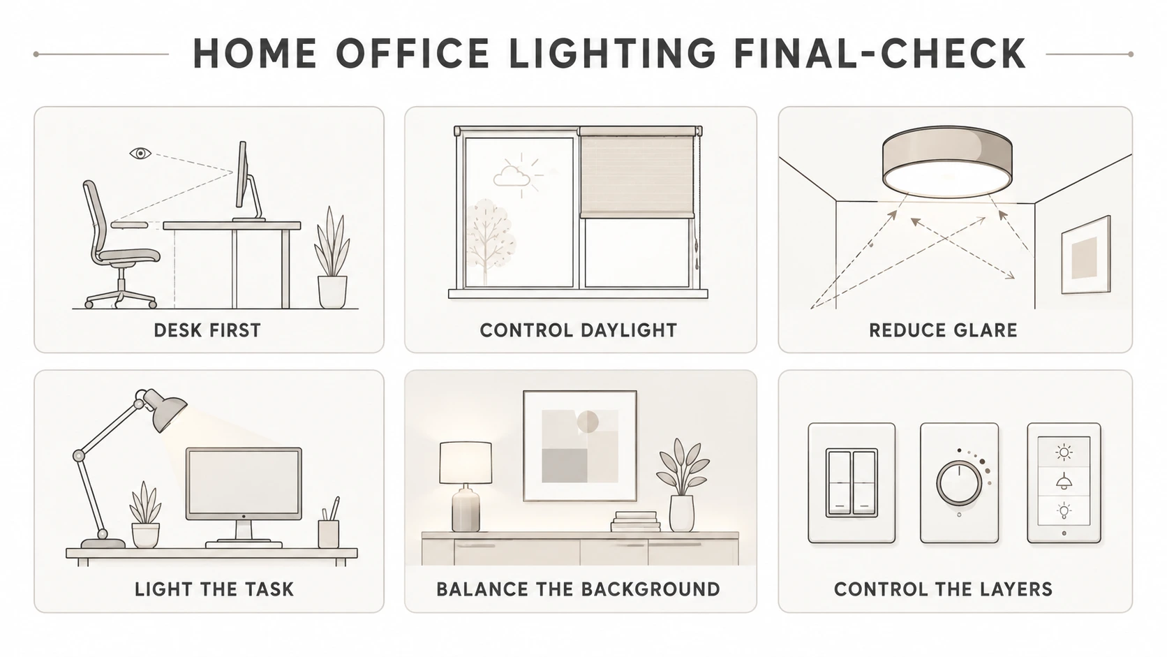 Six-point home office lighting checklist infographic covering desk placement, daylight control, glare reduction, task lighting, background balance, and separate lighting controls.