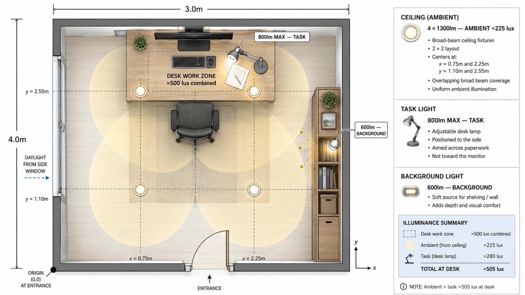 Top-down 3 × 4m home office lighting plan showing four 1300-lumen ceiling fixtures, an 800-lumen desk lamp, and 600-lumen background lighting combining to provide about 505 lux at the desk.