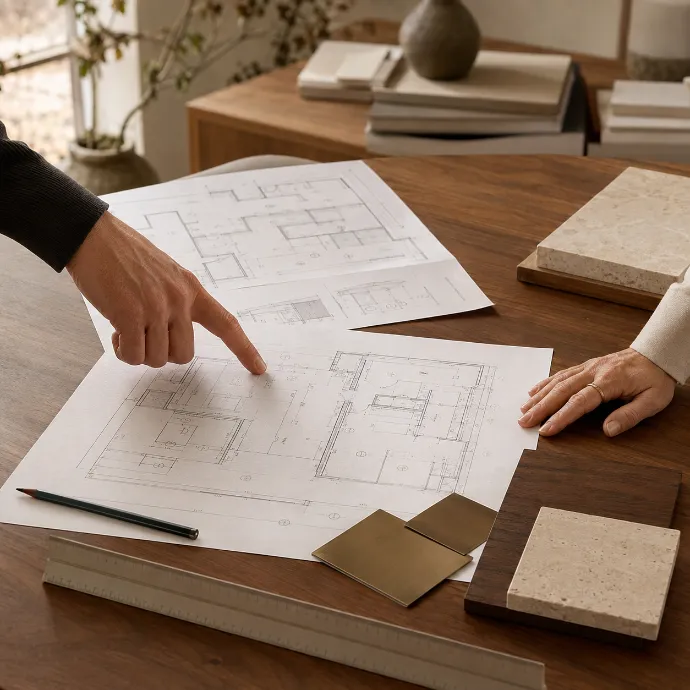 Lighting plans and material samples being reviewed during a project consultation.