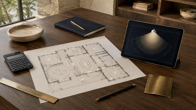 Lighting plan, calculator and beam-angle diagram arranged on a project desk.