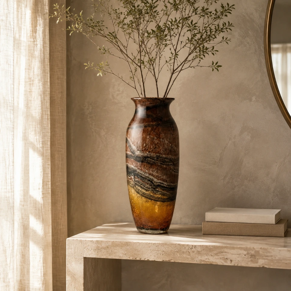Amber-and-brown patterned glass vase with leafy branches on a pale stone console.