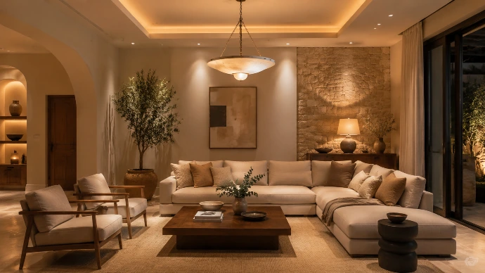 Layered ambient, decorative and task lighting in a warm contemporary living room.