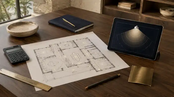 Lighting plan, calculator and beam-angle diagram arranged on a project desk.