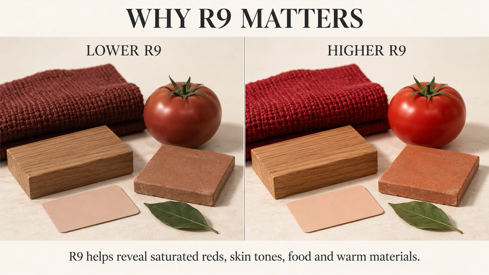 Higher R9 helps saturated reds, skin tones, food and warm materials appear more natural. Identical red fabric, tomato, wood, terracotta and skin-tone samples compared under lower and higher R9 lighting.