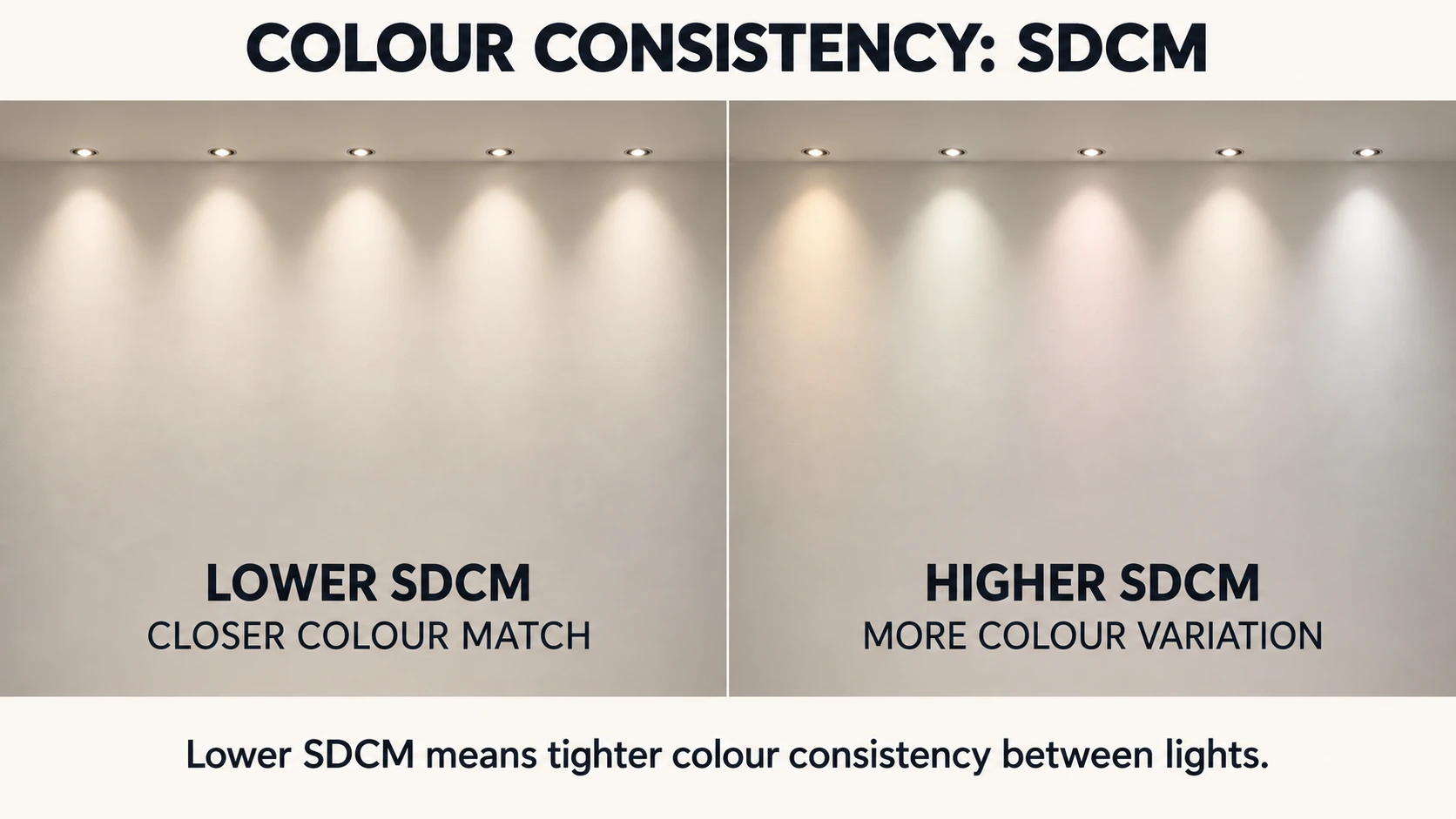 Lower SDCM indicates tighter colour consistency between multiple lights. Five matching wall lights compared at lower and higher SDCM, showing consistent light colour versus visible colour variation.
