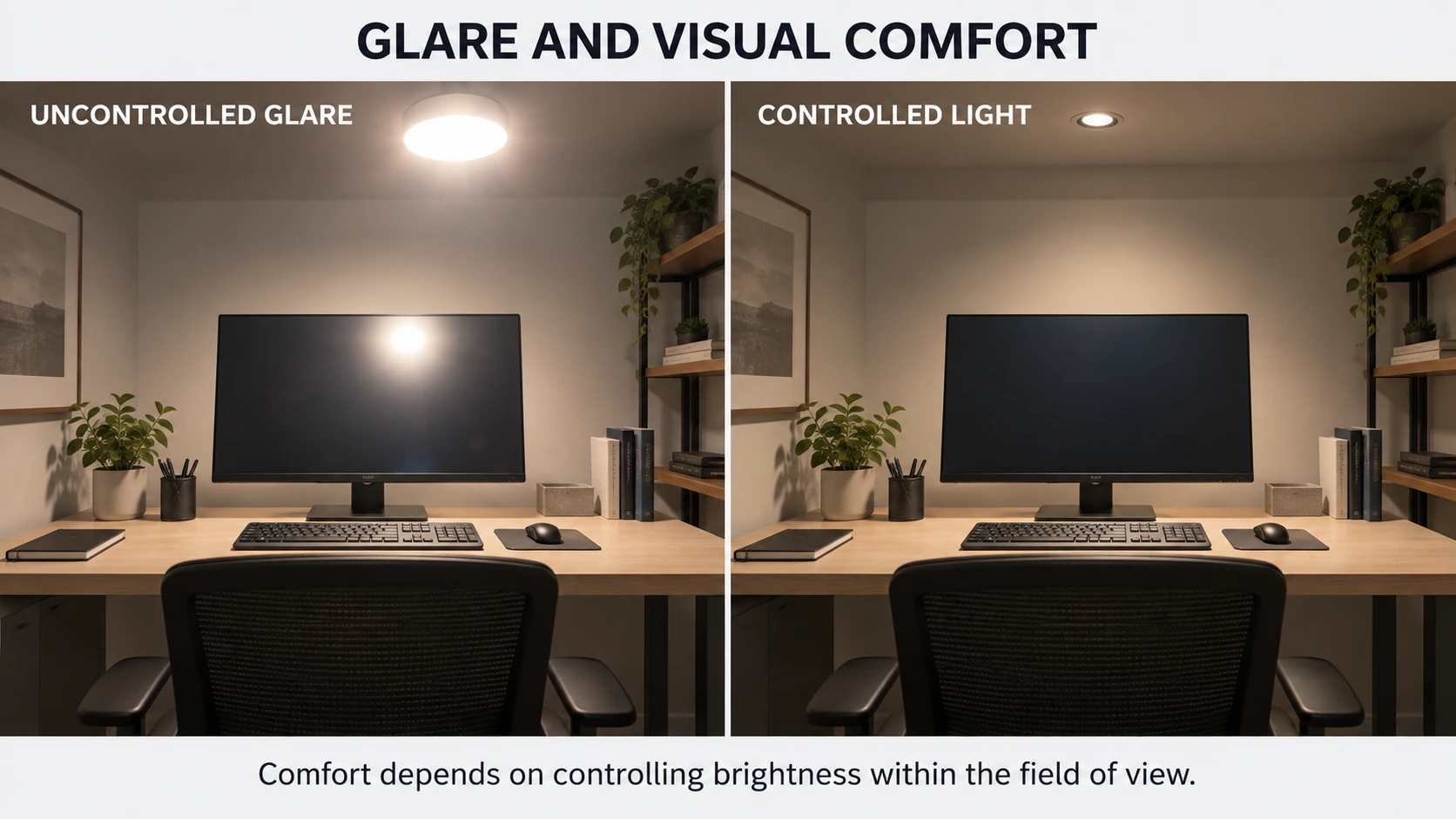 Comfortable lighting controls bright sources and reflections without sacrificing useful light. Identical workstations comparing an exposed glaring ceiling light and screen reflection with shielded, controlled lighting.