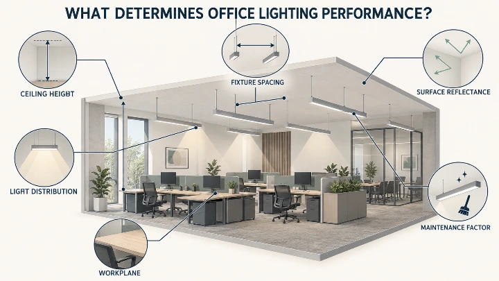 Commercial office lighting diagram showing how ceiling height, workplane position, fixture spacing, light distribution, surface reflectance and maintenance factor affect lighting performance.