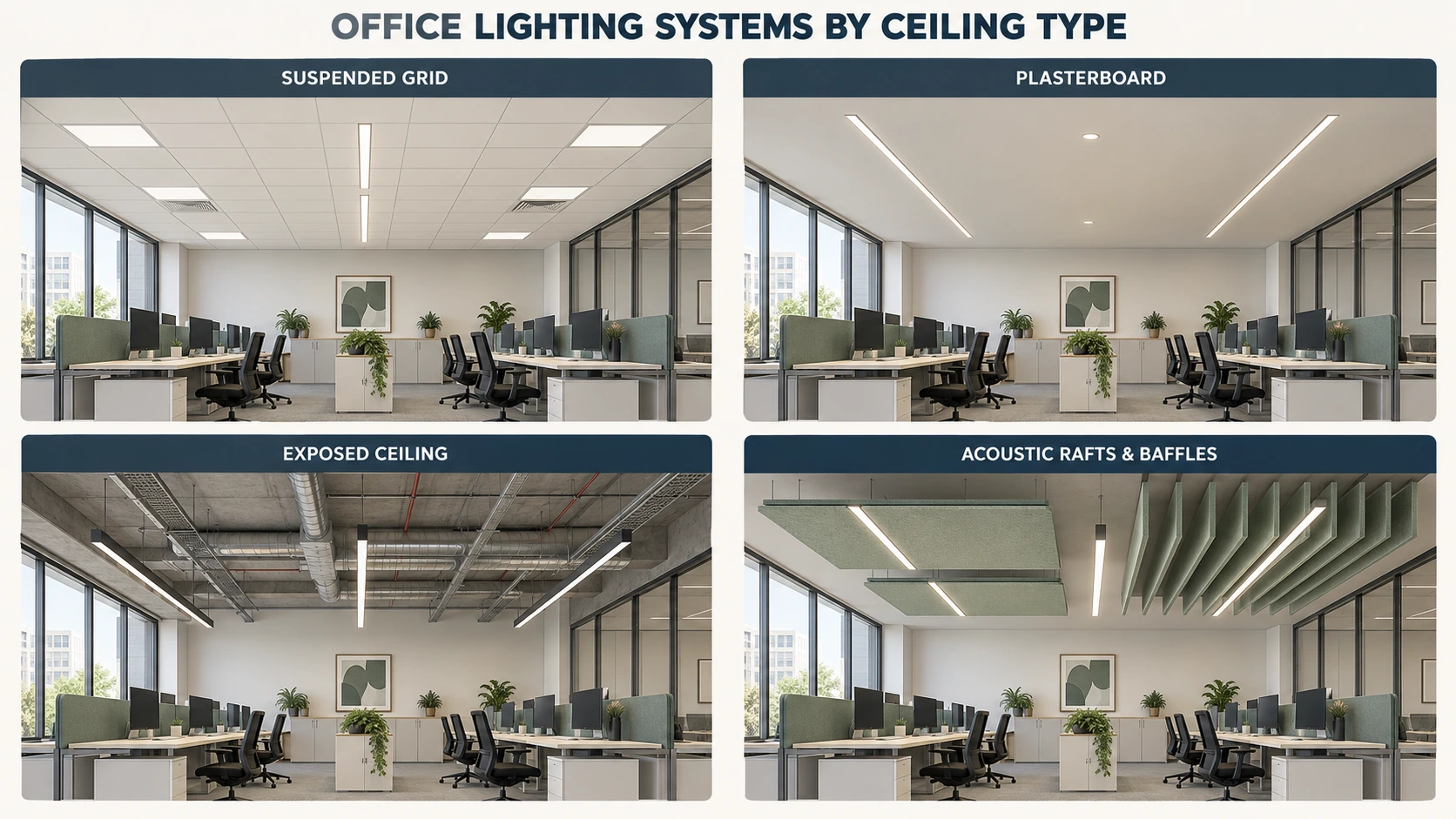 Comparison of commercial office lighting systems for suspended grid, plasterboard, exposed and acoustic raft or baffle ceilings.