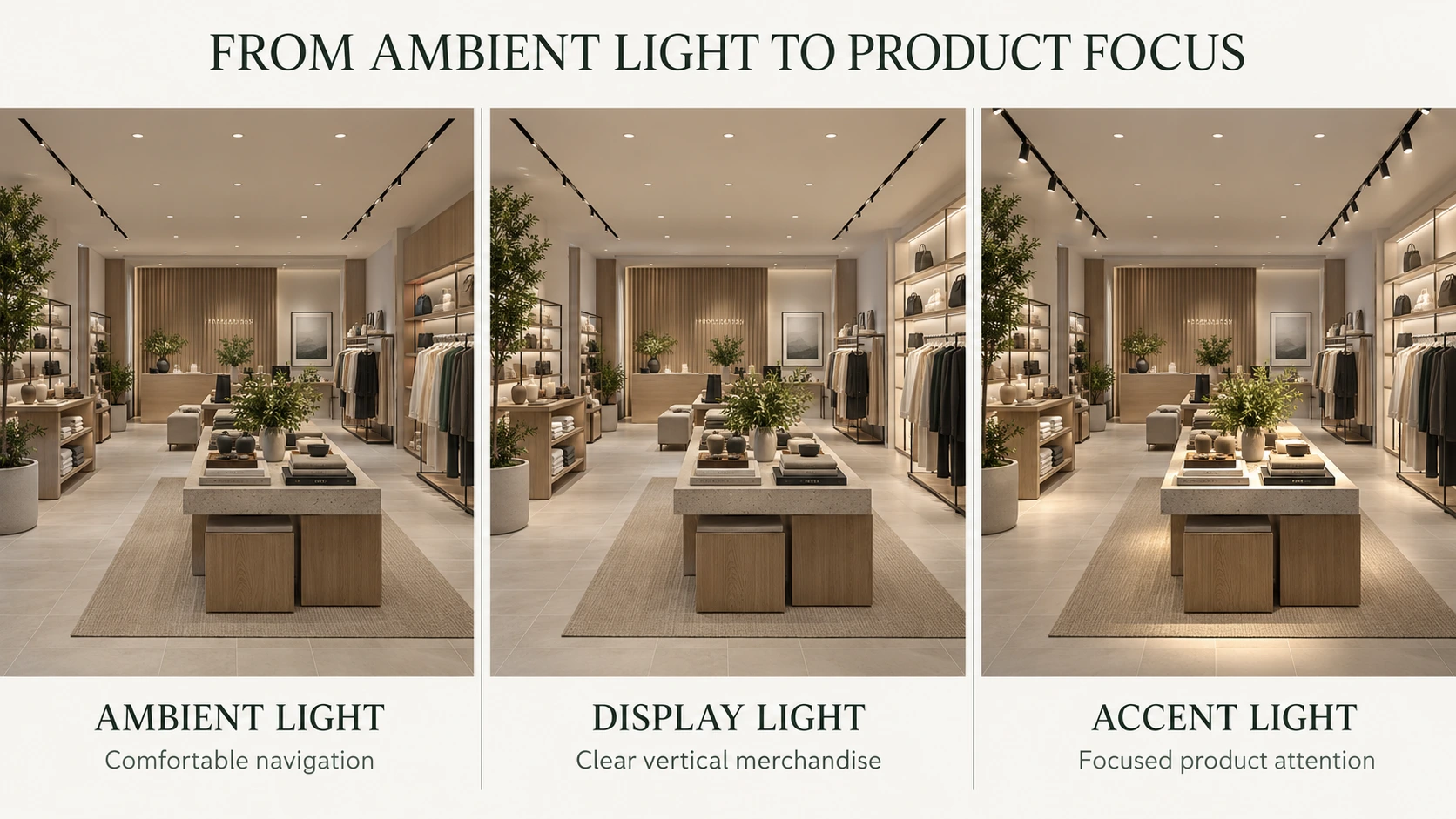 Three retail lighting examples showing ambient light for navigation, display light for vertical merchandise and accent light for focused product attention.