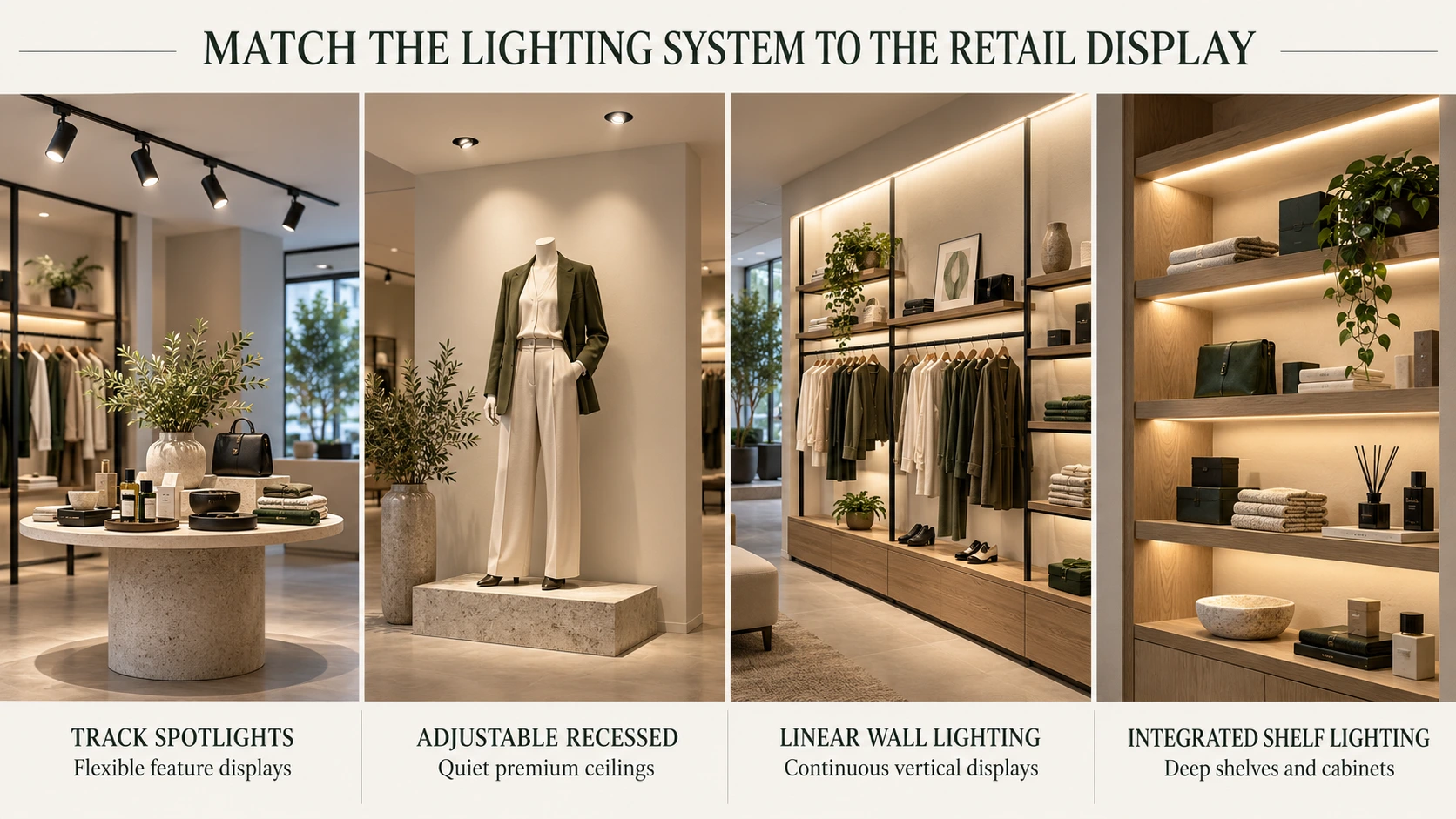 Match each retail display with the lighting system best suited to its scale, position and required flexibility. Comparison of track spotlights, adjustable recessed lights, linear wall lighting and integrated shelf lighting for different retail displays.